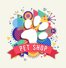 Pet shop icon, animal paw with color shapes