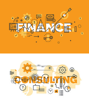 Set of modern vector illustration concepts of words finance and consulting. Thin line flat design banners for website and mobile website, easy to use and highly customizable.