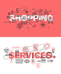 Set of modern vector illustration concepts of words shopping and services. Thin line flat design banners for website and mobile website, easy to use and highly customizable.