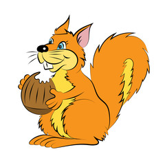 Illstration of the cheerful and smiling the character orange squirrel with nut 