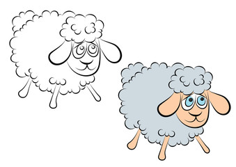 Illustration of a cheerful lamb with blue eyes coloring book 