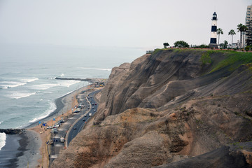 Coastline with lighthouse in Miraflores In Lima, Peru. - 101253788