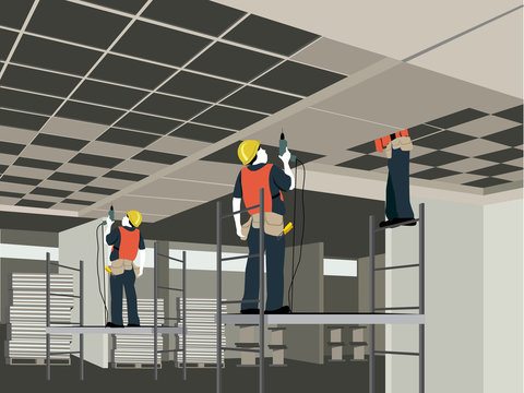Three workers, instaling ceiling fixures