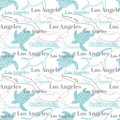 Vector Light California Cities Animals Travel Seamless Pattern with Los Angeles, San Francisco, Turtles, and Whales.