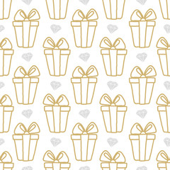 Vector seamless pattern gift boxes and diamondsl in doodle style. Hand drawing.