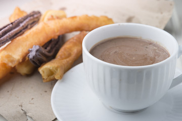 churros con chocolate, a typical Spanish sweet snack