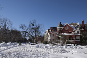 Snow covered streets and homes