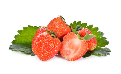 pile of strawberry on leaf with white background