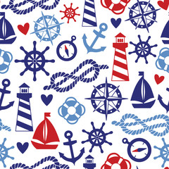 Vector seamless pattern with sea elements: lighthouses, ships, anchors. Can be used for wallpapers, web page backgrounds - obrazy, fototapety, plakaty