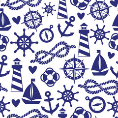 Vector seamless pattern with sea elements: lighthouses, ships, anchors. Can be used for wallpapers, web page backgrounds