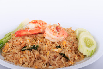 Fried Rice with Shrimp and Vegetables on White Plate and White Background, Thai cuisine