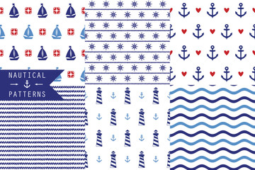 Set of vector seamless patterns with sea elements: lighthouses, ships, anchors, wind rose. Can be used for wallpapers, web page backgrounds. Six simple patterns - 101259919