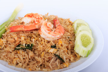 Fried Rice with Shrimp and Vegetables on White Plate and White Background, Thai cuisine