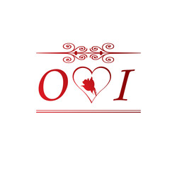 OI love initial with red heart and rose