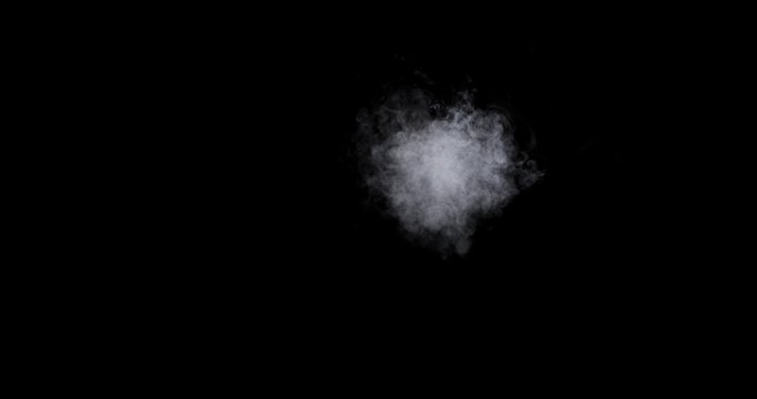 Smoke - 4K - long. Full (no side-cut) smoke cloud over a black background. Totally disappearing. 120 fps Real shot
