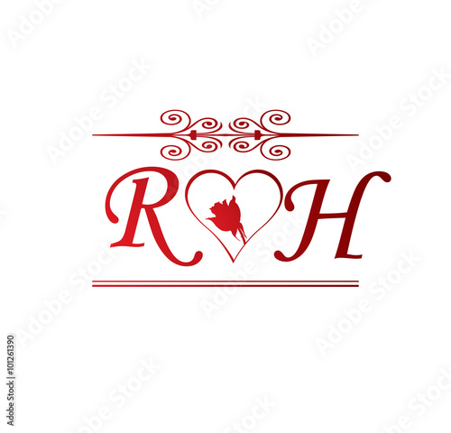 Rh Love Initial With Red Heart And Rose Stock Image And Royalty