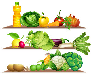 Fresh vegetables and oil on the shelf