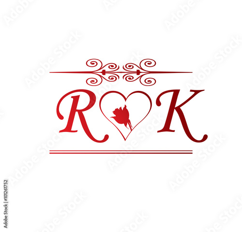  RK love initial with red heart and rose Stock image and 