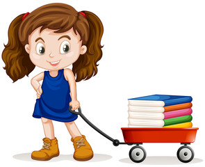 Little girl pulling cart full of books