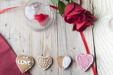 Gingerbread cookies on a grey wooden table