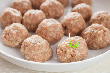meatballs in ware for roasting, selective focus