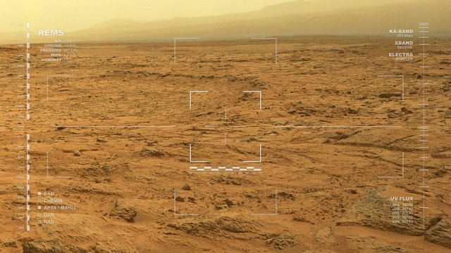 Simulated Mars surface rover camera footage – slow pan. Reversible. Scientifically accurate HUD. Data: JPL/USGS Astrogeology