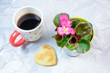 Homemade cookies,heart shape,Begonia  and a cup of black coffee