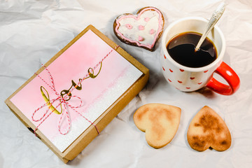 Homemade cookies,heart shape,black coffee and love present