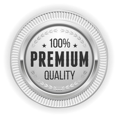 Silver round premium quality badge on white background