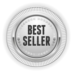 Silver round best seller badge on white background