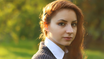 girl business style park portrait autumn