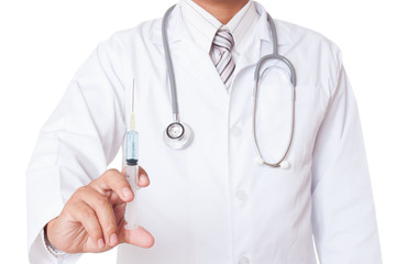 Doctor holding medical injection syringe and stethoscope