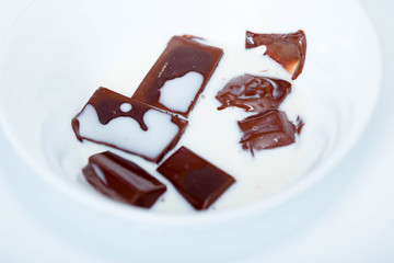 Chocolate drowned in milk in a white bowl