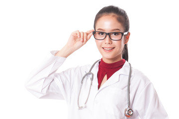Beautiful young woman wearing glasses in white medical uniform and stethoscope 