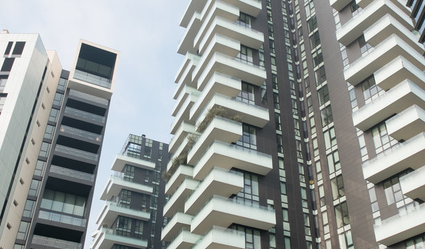 Modern High Rise Apartment Buildings In City