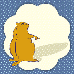 Sleepy Groundhog Marmot points to a shadow. Vector illustration for Groundhog day 2 february. Vector composition for greeting card of groundhog day