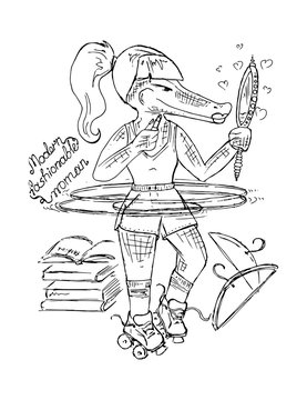 Hand-drawn illustrations. Trendy crocodile girl. Motivational postcard.
