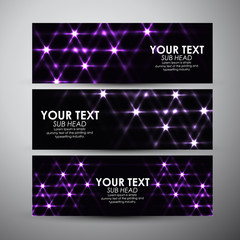 Vector banners set with abstract purple shining background. 