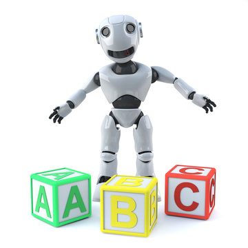 3d Robot teachs reading with alphabet blocks