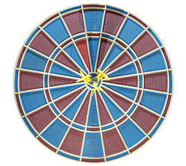 Obraz premium Three goals blurred in eye of dartboard isolated