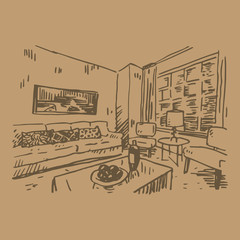 Interior of living room. Vector freehand pencil drawing