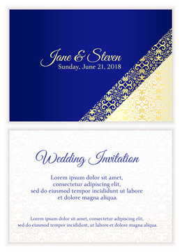 Blue wedding invitation with luxury golden lace in corner and damask pattern inside of the card