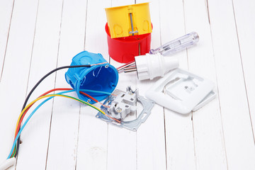 Set of electronic tools and components on white background