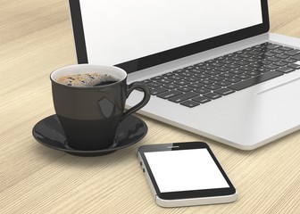 Fototapeta na wymiar Laptop smartphone and coffee cup