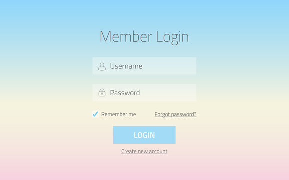 Modern member login website form with tranparent effect and gradient colors baby blue and rose quartz