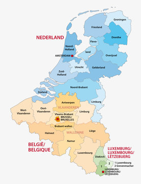 administrative map of the three Benelux countries Netherlands, Belgium, Luxembourg