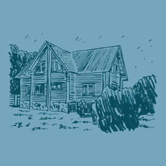 A sketch of a cottage. Vector freehand pencil drawing.