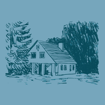 View of the country house in the woods. Vector freehand pencil sketch.