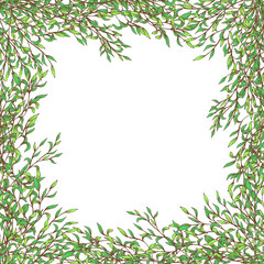 Vector decorative frame with branches, leaves. Hand drawn illustration