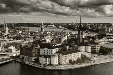 View of  Stockholm from the City Hall  tower, travel Sweden architecture background, black and white monochrome style